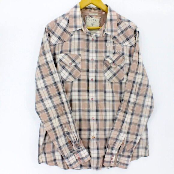 Plaid Western Button Down Shirt Sz S Cowboy Pearl Snap Buttons Y2K Guess Cotton - Picture 1 of 6